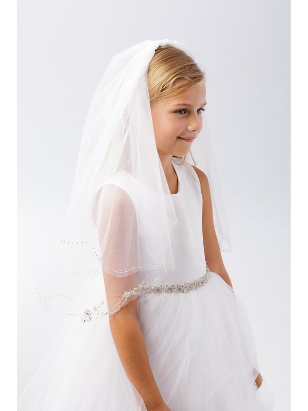 Girls White Floral Beading Double Layer Stylish Communion Flower Girl Veil - SophiasStyle.com